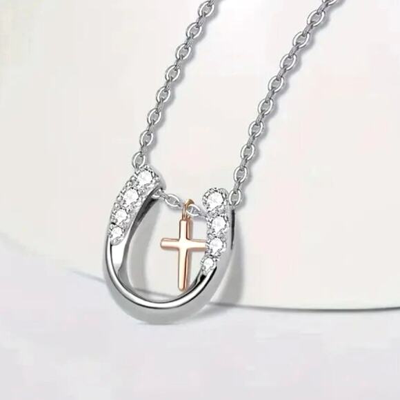 Amazon.com: CRMAD Horseshoe Necklace for Women Sterling  Horseshoe Cross Necklace Silver & Gold Equestrian Rhinestone Christian Gift NEW!